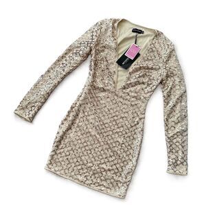 NWT PrettyLittleThing Mini Dress Rose Gold Sequin Long Sleeve Bodycon US 2